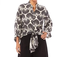 Karen Kane Blouson Sleeve Linen Tie-Front Top Sea Shell Print