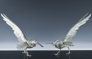 FABULOUS VERY LARGE PAIR MCM SILVERED FIGHTING COCKEREL ROOSTER TABLE FIGURES