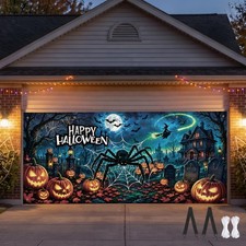 PAMASE Halloween Garage Door Cover 7x16ft, HD Print Spooky 7 x 16 FT, Dark