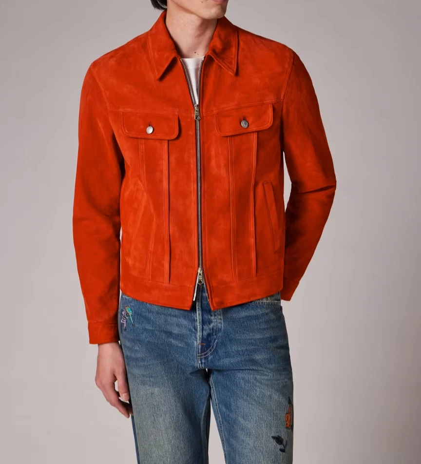 Orange Leather Trucker Jacket for Men Pure Suede Custom Made Size S M L XXL 3XL