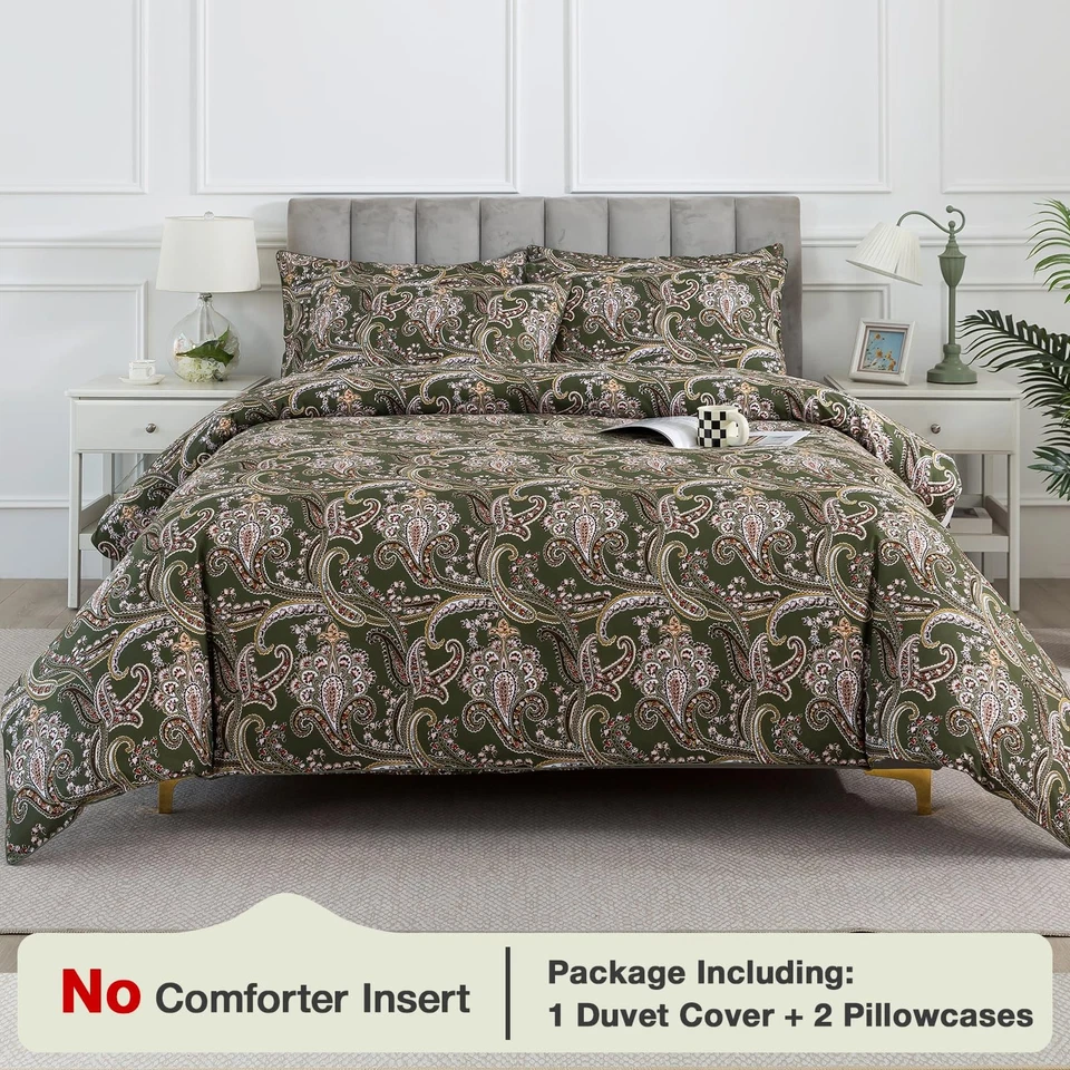 Paisley Print Green Duvet Cover Set Queen Size 3 Pieces, 100% Cotton Percale ... - Image 2 of 4