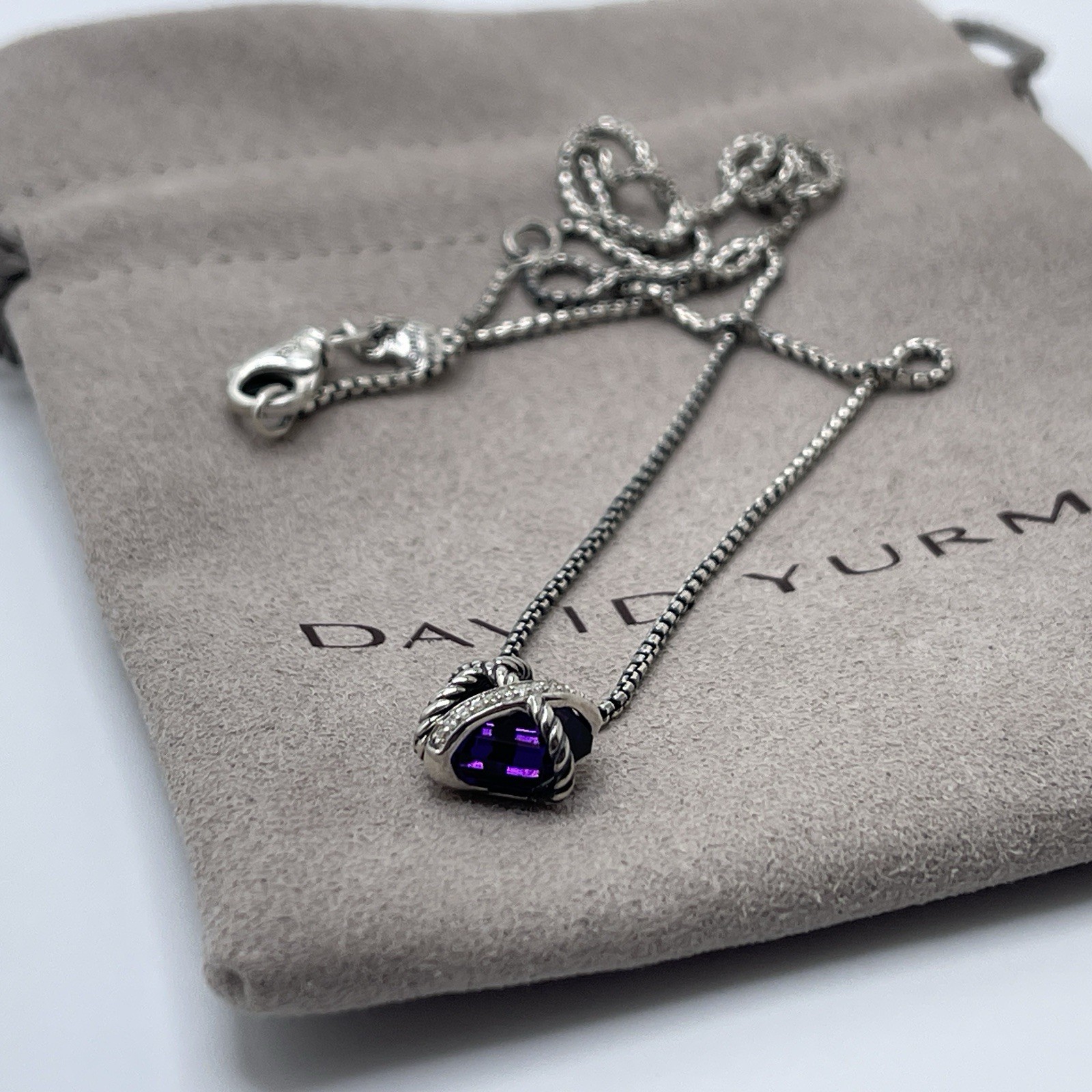 David Yurman Sterling Silver Cable Wrap Amethyst & Diamonds Necklace 16"-17"