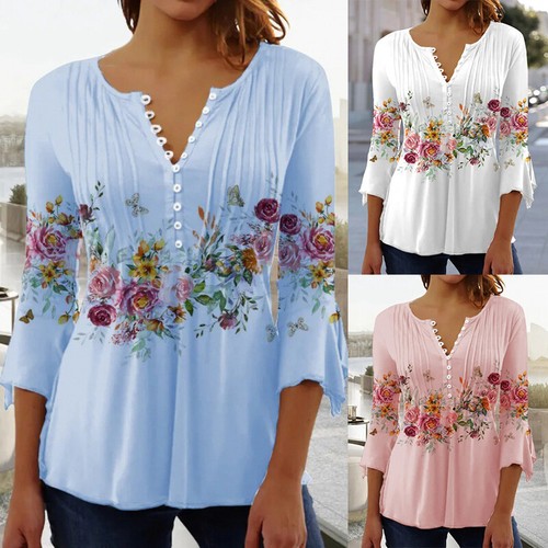 Tee-Shirt Femme Grande Taille Élégant Col V Chic à Manches 3/4 - Imprimé Floral Ou Uni, Blouse Oversize Confortable Et Stylée