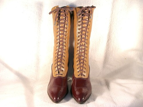 NOS Antique Edwardian Period Tan Leather/Burgundy Patent Leather Lace Up Boots
