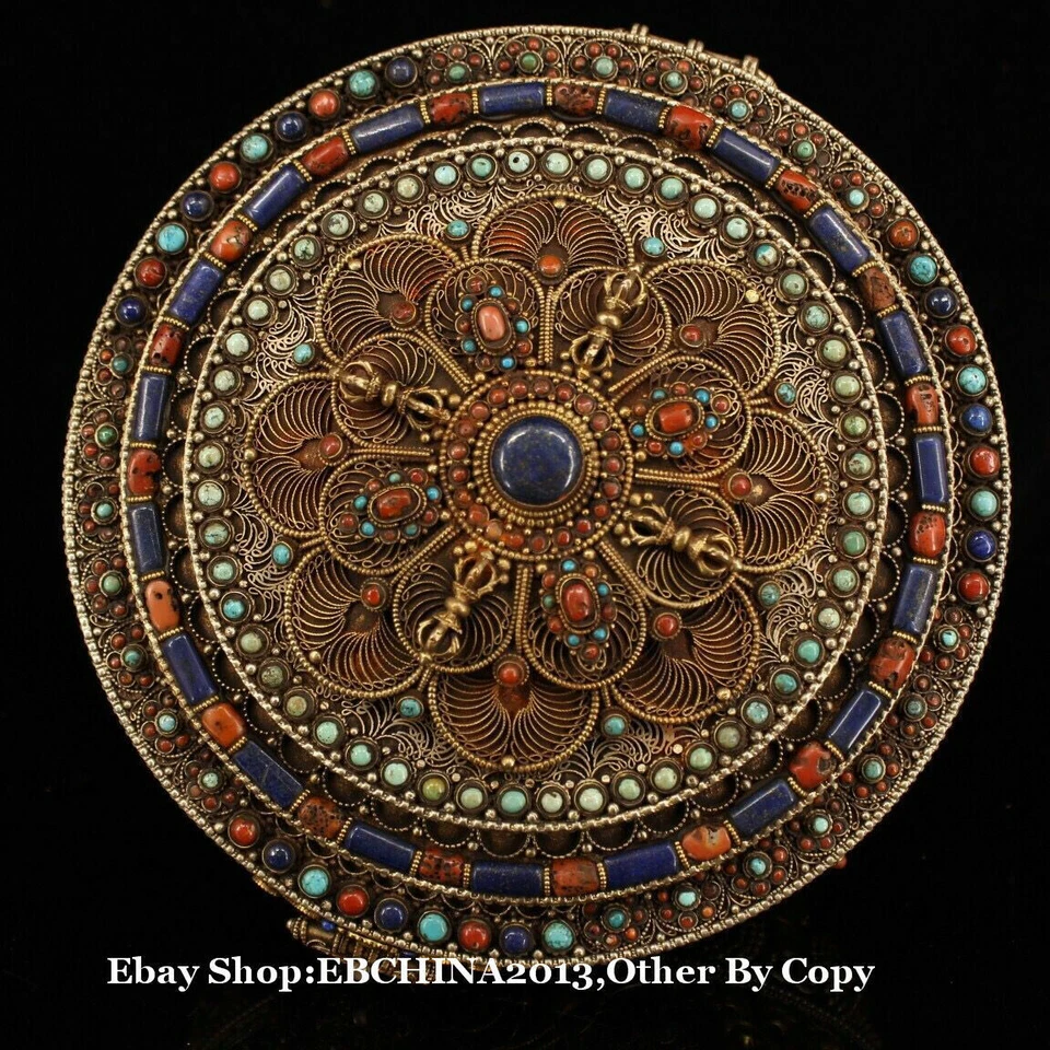 Caja Buda 9.5" Rara Antigua Filigrana Bronce Incrustación Plata Dorada Gema Budismo Foto 4 de 4