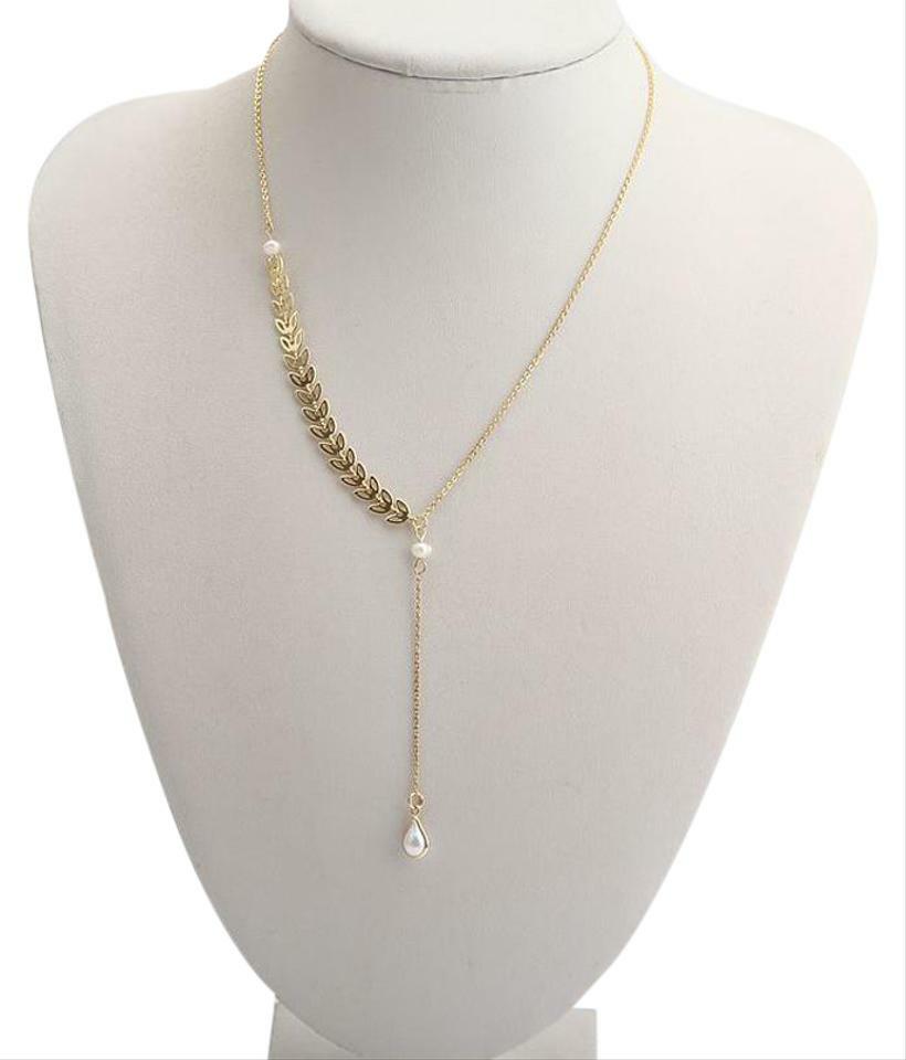AUTH New COACH GOLD Leaf and Pearl Y Drop Necklace 18
