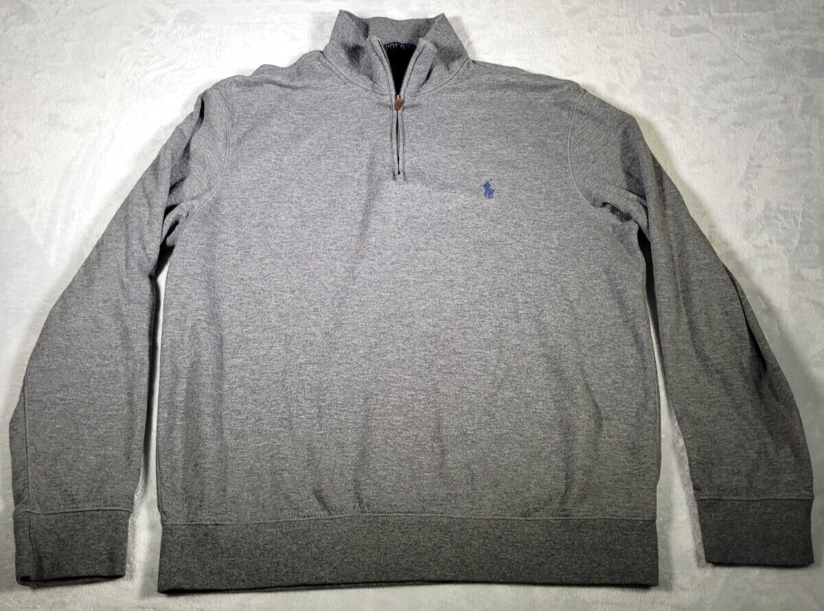 Polo Ralph Lauren pullover uomo L grigio 1 4 zip blu navy pony finto collo felpa
