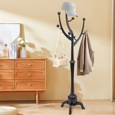 Wooden Freestanding Clothes Rack Bedroom Hat Coat Rack Tree Stand Hanger 8 Hooks
