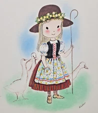 GOOSE-GIRL Rosalind Welcher signed orig illustration art c1960s-70s Panda Prints