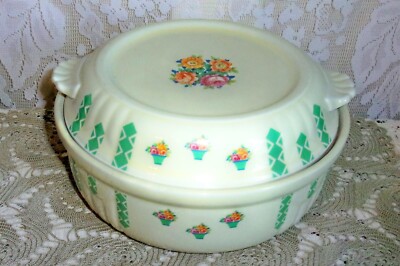 RARE Hall China STONEWALL Green Inverted Fence & Floral Basket Covered Casserole