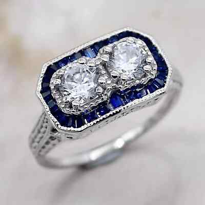 2.00 Ct Art Deco Style Lab-Created Diamond & Sapphire Toi Et Moi 925 Silver Ring