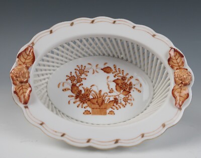 Herend Indian Basket Openwork Oval Basket Bowl Porcelain Orange Rust Brown FM