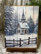 Church Chapel Snow Scene, Primitive Folk Art, Handcrafted Plaque / Sign