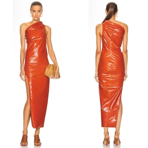 Abito midi Rick Owens Athena monospalla rivestito denim arancione bodycon taglia 6