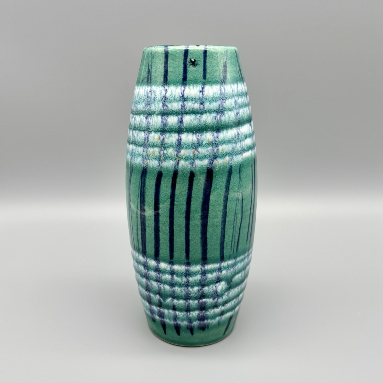 Scheurich Keramik Aqua Blue Striped West German Pottery Vase 522-18 MCM Vintage