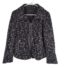 Ann Taylor Tweed Jacket Blazer Womens Medium Black White Leather Trim Suit Lined