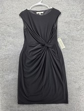 Evan Picone Dress Womens 6 Black Sheath Knee Length Round Neck Ruched Pleated