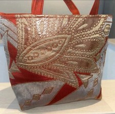 Handmade Silk Obi Tote Bag Japan One of a Kind Red Gold Peacock Feather Kimono