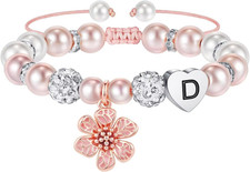 New Initial Flower Charm Bracelet for Girls, Pearl Heart Jewelry Fast Shipping