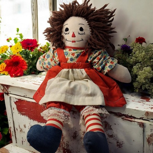 Vintage Raggedy Ann hausgemachte Stoffpuppe 15 Zoll braune Haare Handarbeit Kleidung Unikat - Bild 1 von 10