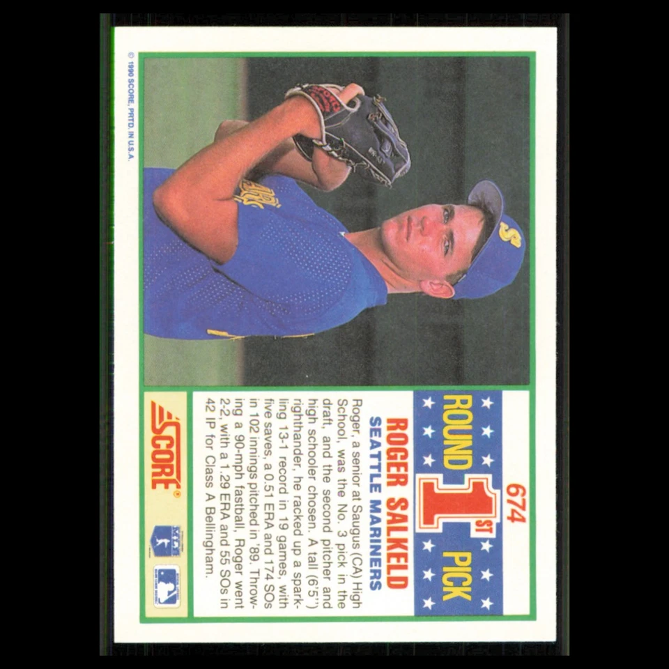 Roger Salkeld Rookie #674 1990 Score Seattle Mariners Baseball Card MLB NM - Image 2 of 3