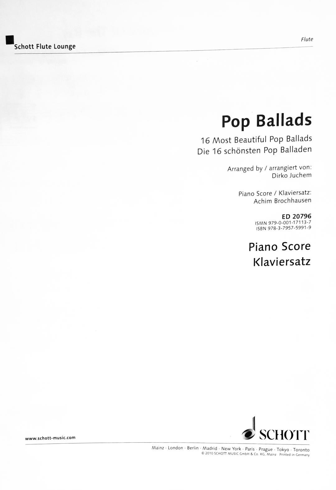 Pop Ballads Schott Flute Lounge PIANO SCORE ONLY - 16 Most Beautiful Book - S8