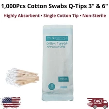 Essentials 1000Pk Cotton Swab QTip 3-6" Tipped Applicator Wood Nonsterile Sealed