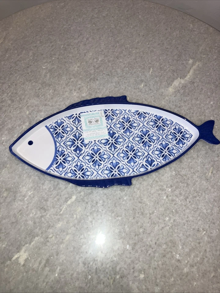 Melamine Serving Platter Beach To Bistro Fish Shaped Blue & White Sigrid Olsen - Image 2 of 4