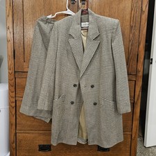 Lilli Ann Double-Breasted Check Skirt Suit Beige Black Long Sleeve M