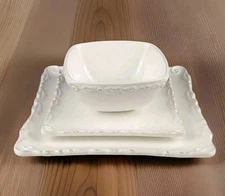 American Atelier, Bianca Wave - 3 Pc Place Setting, All White, Embossed Scrolls