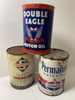 3 lattine olio motore vintage anni 30 40 1 quarto Skelly Tagolene Double Eagle Permalube
