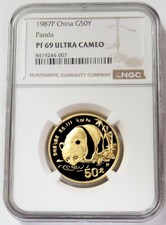 1987 P GOLD CHINA 50 YUAN PROOF PANDA 1/2oz NGC PF 69 ULTRA CAMEO 4464.30 per troy oz