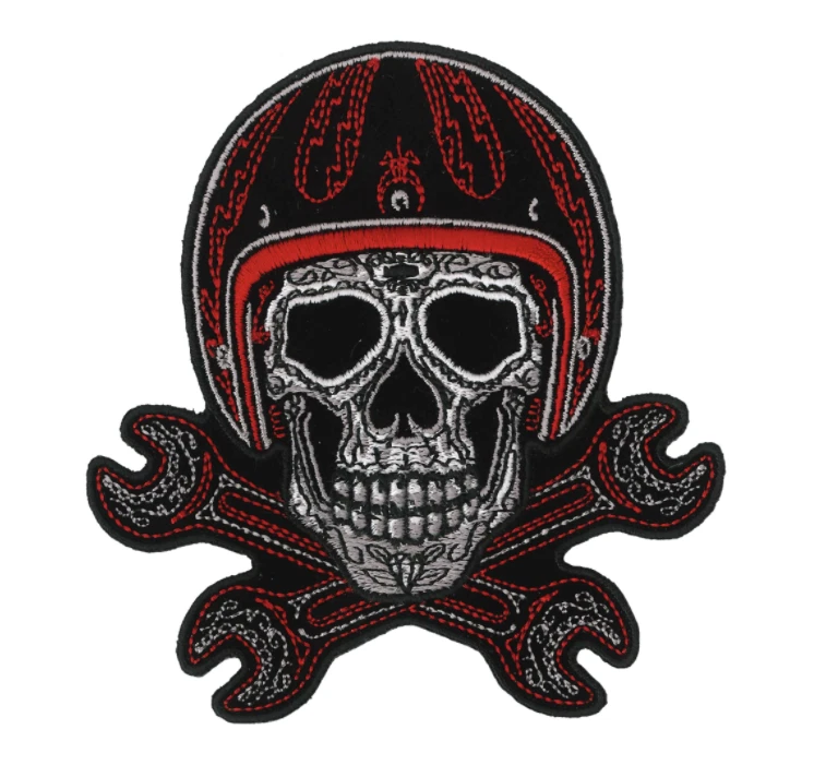 4" SKULL HELMET AND WRENCHES EMBROIDERED BIKER PATCH