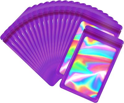 100 Pack Dark Purple Holographic Ziplock Bags Resealable Sealable Packaging Bag