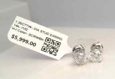 $6000 1.25CTTW CT REAL CERTIFIED Diamond Stud Earrings! SOLID 14K WHITE Gold!