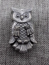 Vintage Pewter TORINO  Owl Brooch/Trinket Box w/ Owl Earrings And Necklace 