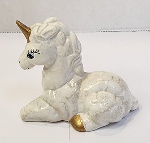 Vintage Hand Painted Ceramic White Unicorn With Gold Accents 3" High