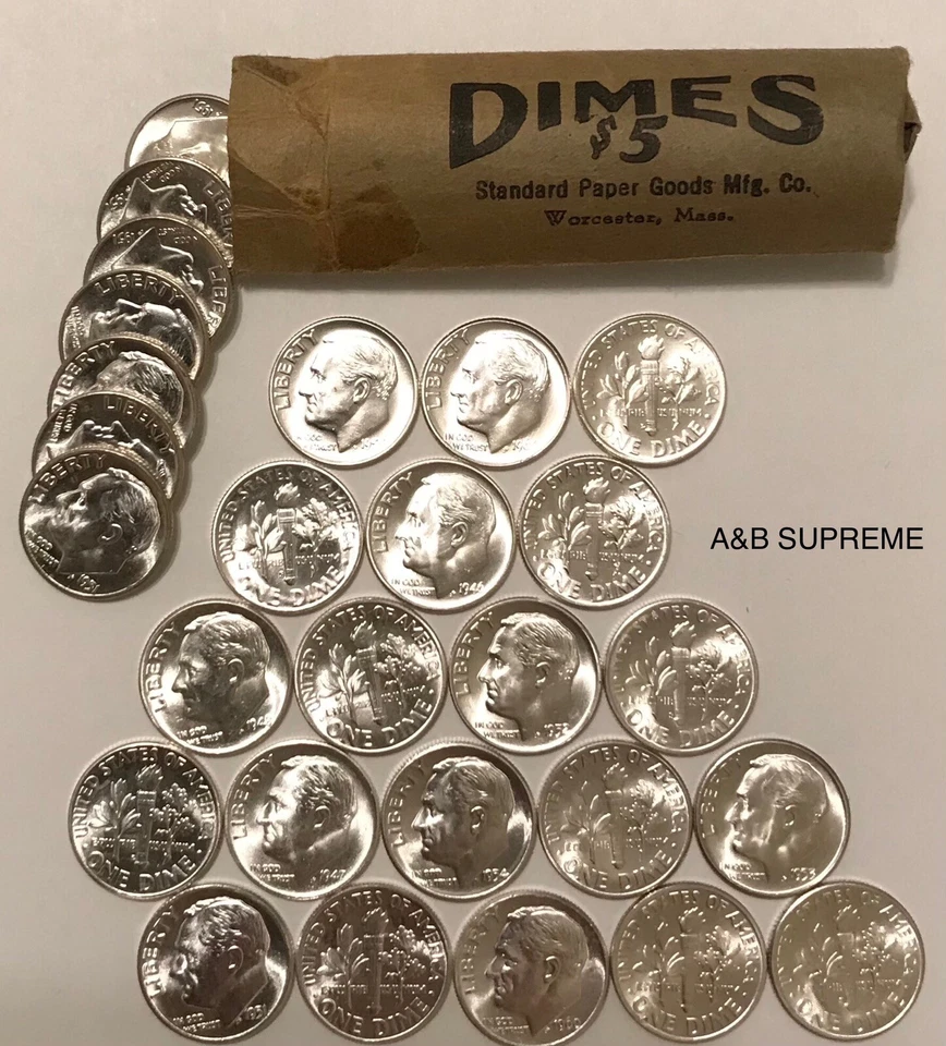 (20) десятицентовики с изображением Рузвельта из OBW Roll Estate 1946-1964 CH-GEM Bu не бывшие в обращении 90% серебра - Изображение 2 из 4