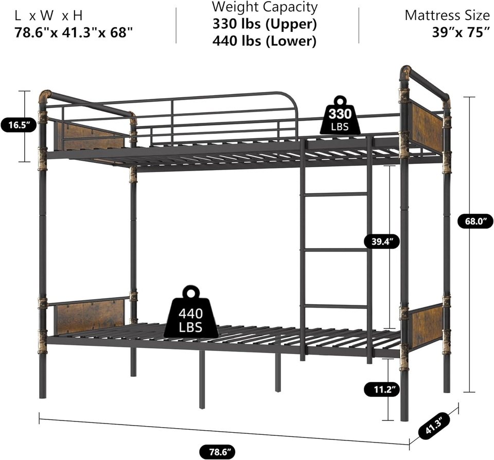2 in 1 Metal Bunk Bed Twin over Twin, Convertible Twin Bunk Beds into 2