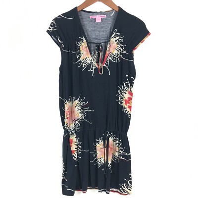 Evisu Donna Top Womens Large Blue Floral Tunic Short Sleeve Drawstring Waist