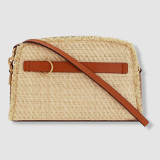 $395 Oroton Women's Beige Brown Audrey Straw Leather Crossbody Purse Bag