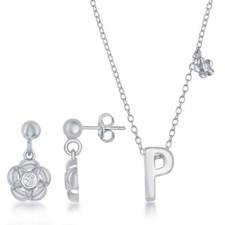 Sterling Silver Shiny "P" with Tiny CZ Flower Necklace and Earrings Set