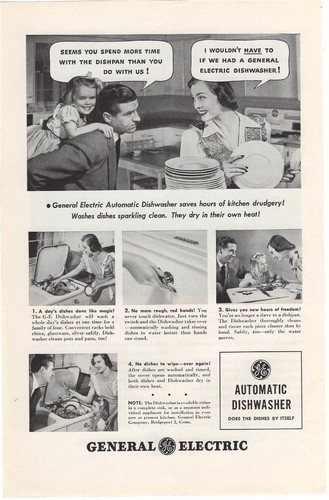 GE Automatic Dishwasher Saves Hours of Kitchen Drudgery 1948 Vintage Ad