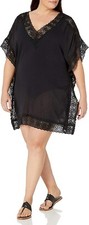 La Blanca Women's Tunic Swim Cover-Up Black Large Solid Short Sleeve V-Neck