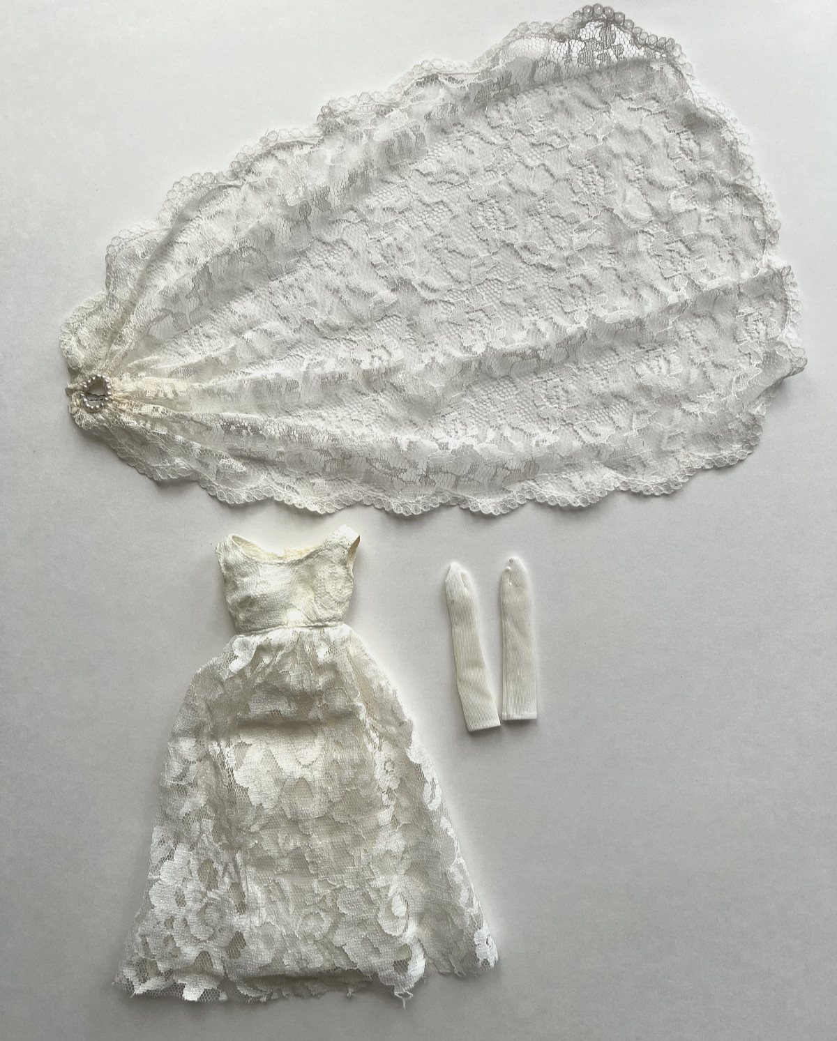 Vintage Barbie Wedding Dress White Lace w/ Veil & Gloves, Clone Handmade Mommy,
