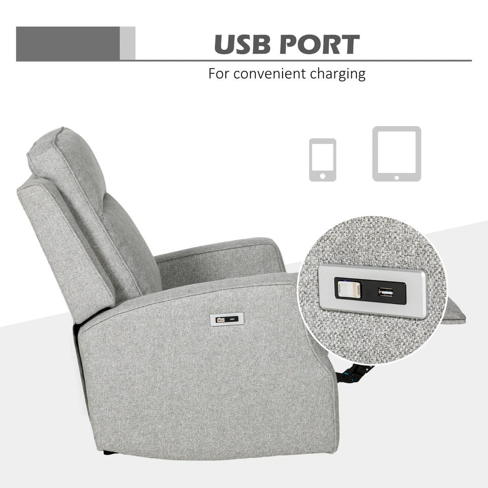 Grey Linen Recliner Chair with USB Port, 84x92x104cm, Electric Comfort - Image 3 of 4
