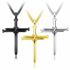 Nail Cross Pendant Necklace - Real Stainless Steel, 3 Colors, 22" Box Chain