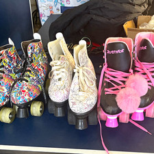 Ruthfot Women's Quad Roller Skates Black/Pink, Pink Laces Pom Poms