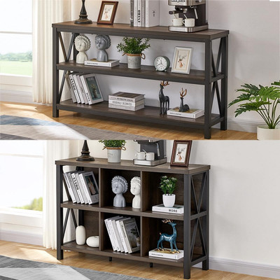 6 Cube Farmhouse Storage Organizer & Sofa Console Table - Walnut Brown