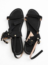 Women  s Black Floral Strap Flat Sandals Open Toe Buckle Casual Summer Shoes